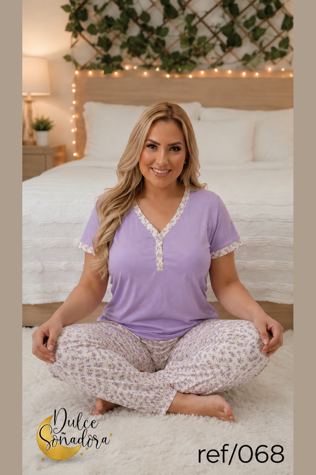 Ref 068 - PIJAMA CAMISETA CUELLO V CON ENCAJE Y PANTALON ESTAMPADO
