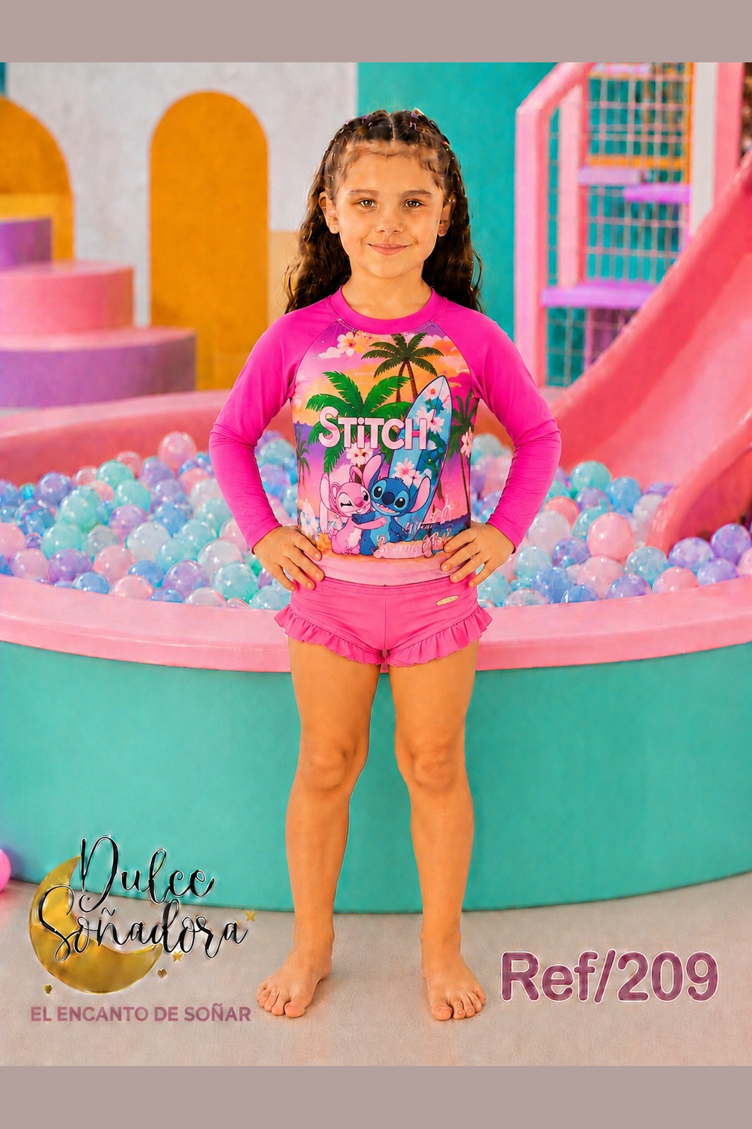 Ref 209 - CONJUNTO DE BAÑO NIÑA CAMISETA MANGA LARGA Y SHORT 3