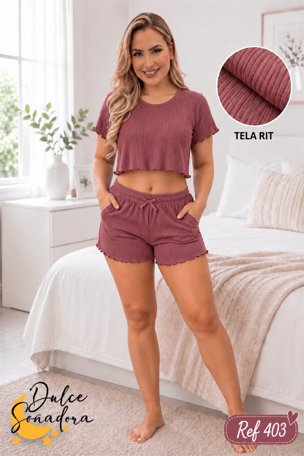 Ref 403 - SHORT TELA RIT CON CROP TOP CON BOLERITOS UNICOLOR