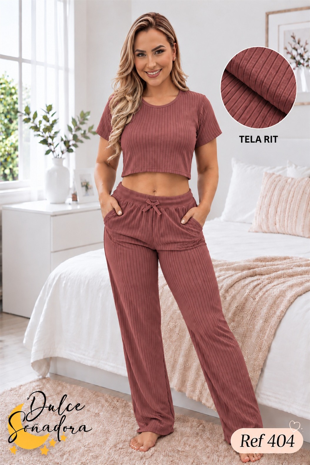 Ref 404 - PANTALON TELA RIT CON CROP TOP MANGA CORTA UNICOLOR