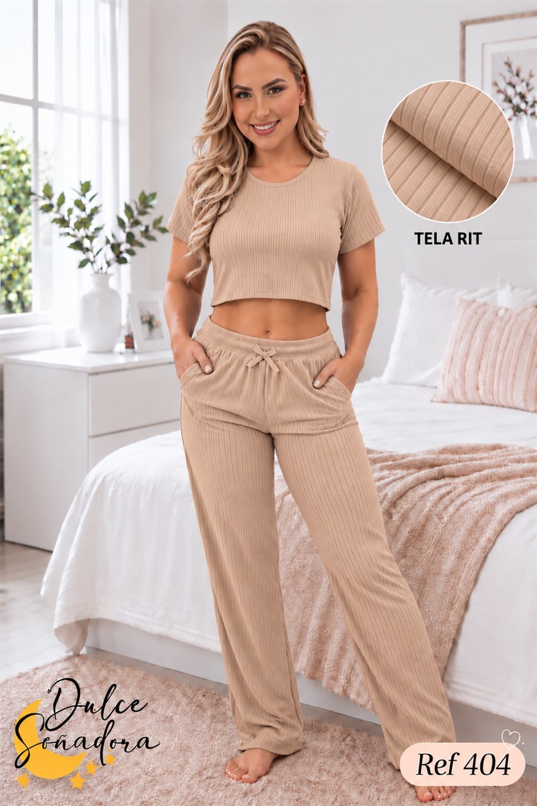 Ref 404 - PANTALON TELA RIT CON CROP TOP MANGA CORTA UNICOLOR 4